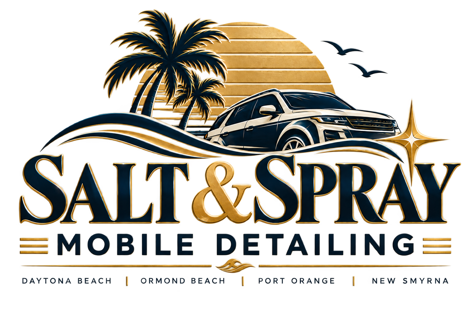 Salt & Spray Mobile Detailing logo featuring palm trees, coastal waves and an SUV